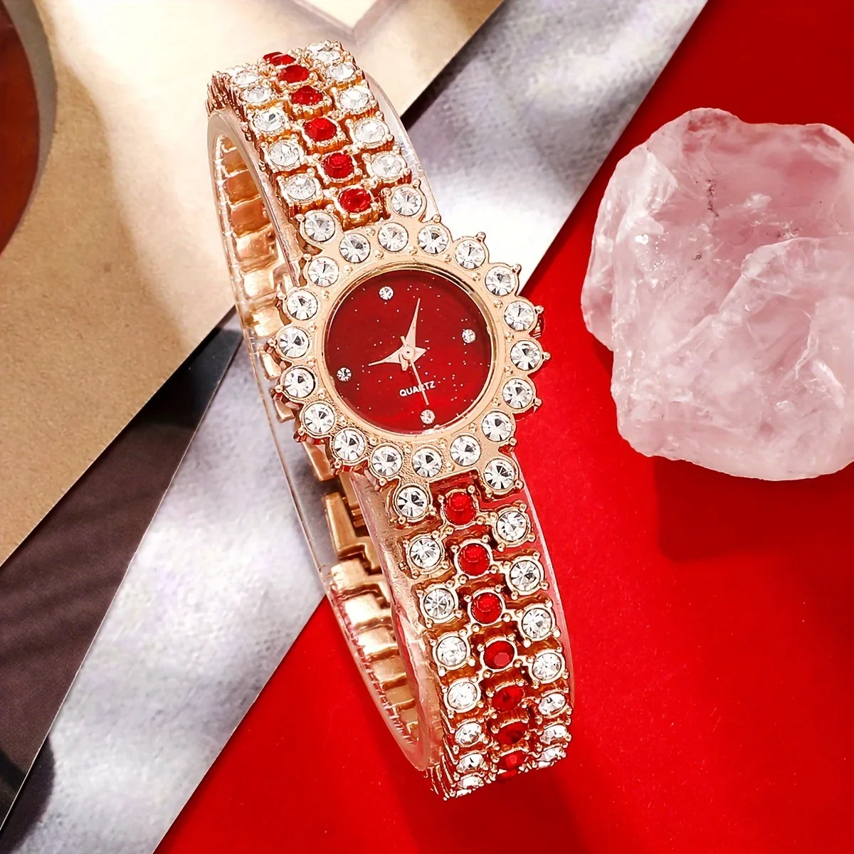 2pcs/set Women's Watch Luxury Rhinestone Quartz Bracelet Watch & Cherry Bracelet, Gift For Mom Her