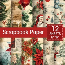 12 arkuszy Retro świąteczny zestaw papierów do scrapbookingu, Holly Santa Xmas Design dekoracyjny papier rzemieślniczy do śmieci Journaling DIY kartka z życzeniami