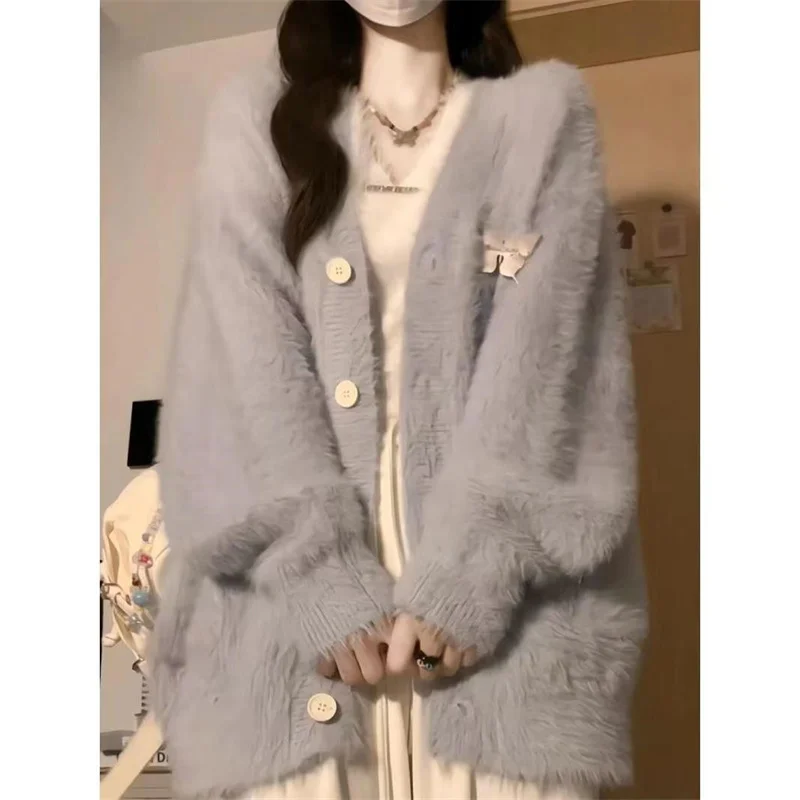 

Women Solid Color Knitted Outwear Ladies V-neck Sweater Jacket Autumn Winter Female Loose Mink Fur Cardigan Coat