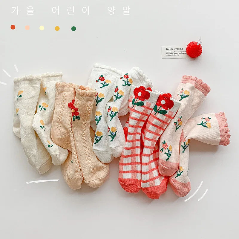 5Pairs Kids Socks Four Seasons Korean Cute Flower Toddler Socks Checkerboard Girls' Socks Cotton Socks 3-8Ysocks