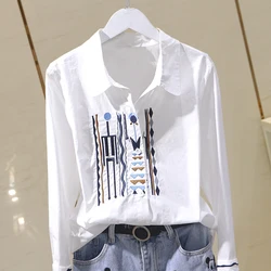 White Cotton Embroidery Women Shirts Spring Autumn New Fashion Blouses 2022 Turn-Down Collar Straight Female Outwear Tops Blusas