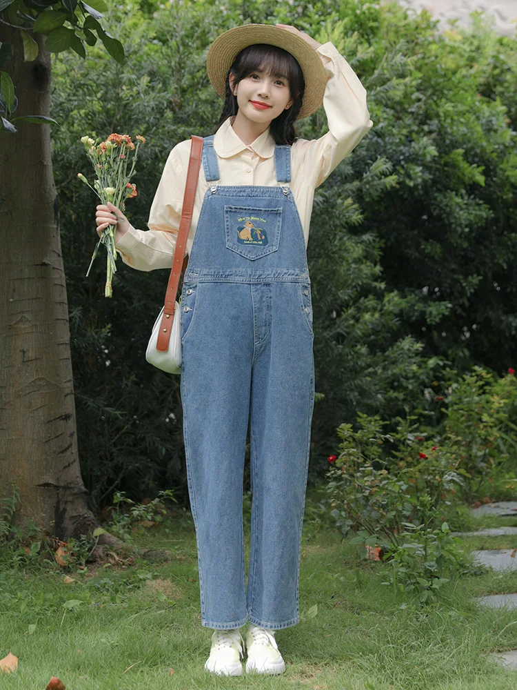 

2025 Autumn New Embroidered Denim Overalls - Loose Fit Slimming Blue Women's Overalls (S-L) Jumpsuit Female