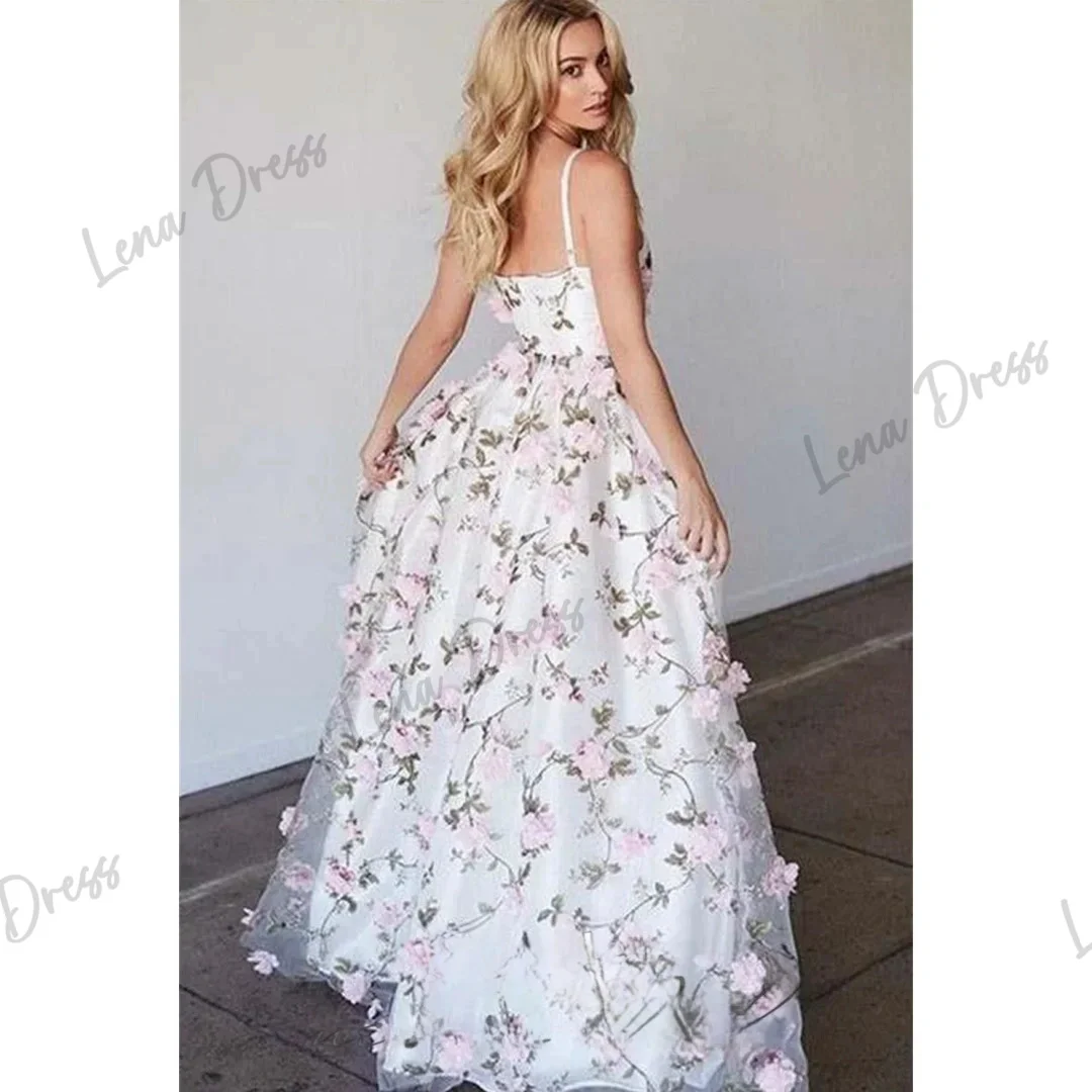 Lena-White 3D Flower Decal Ball Dress with Fine Shoulder Straps Evening Dress Elegant Sleeveless and Floor Length Dress Verano