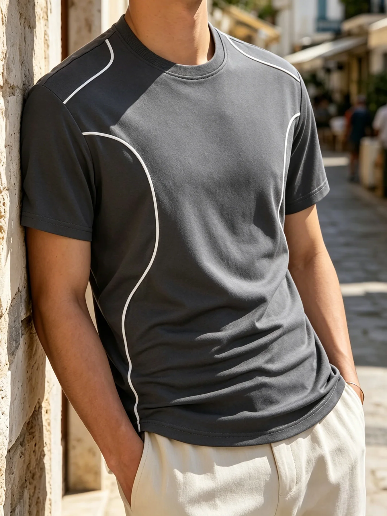 Men Streetwear Athletic T Shirt Curved White Line Stitching Detail Crew Neck Short Sleeve Slim Fit Daily Casual Fashion Tee