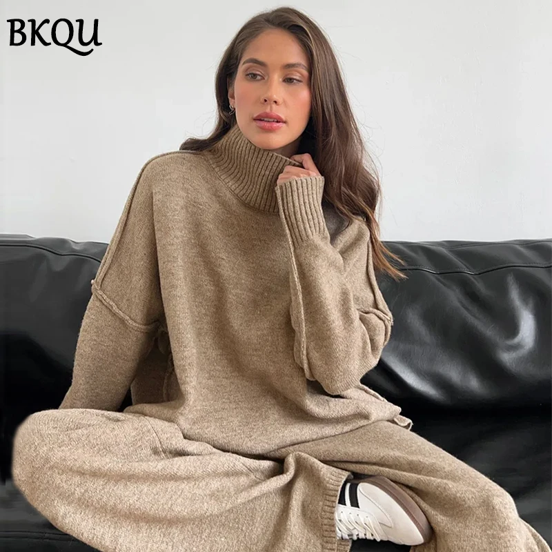 BKQU Women's Knitted Two Piece Pants Set 2024 Autumn Winter Turtleneck Sweater and Wide Leg Long Pants Matching Homewear Suits