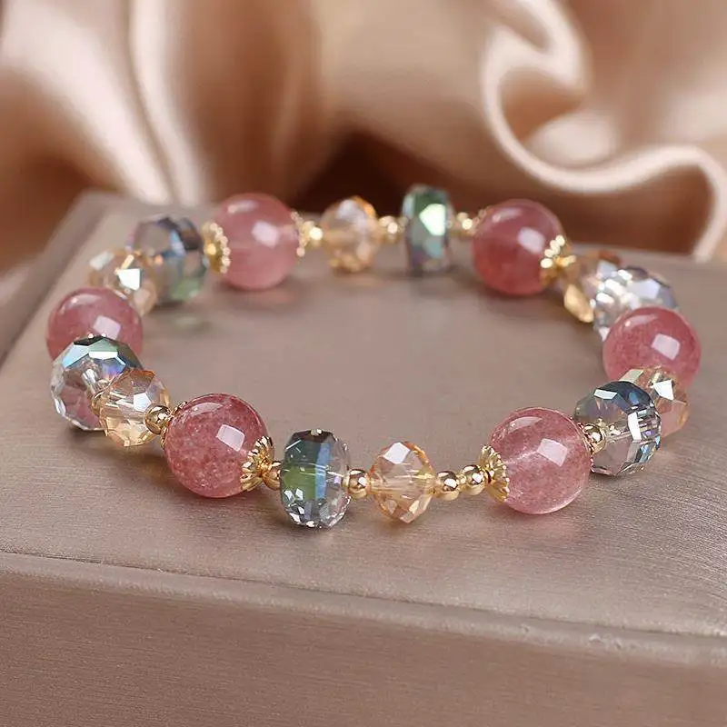 1 Strawberry Crystal Bead Bracelet Suitable for Both Men and Women, Fashionable Gemstone Elastic Bracelet, Cute Style Jewelry