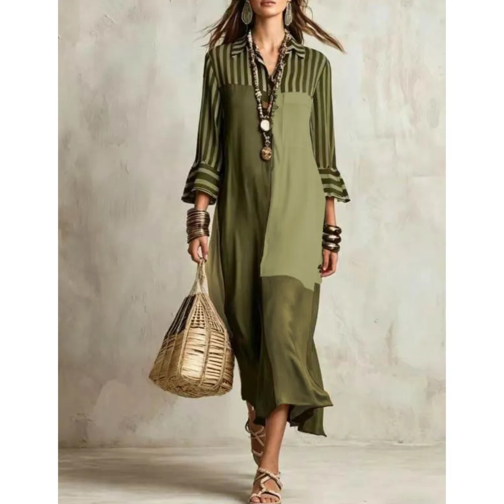 Fashion Striped Color Matching 9-quarter Sleeve Shirt Dress For Women Spring Autumn New Loose Simple Elegant Female Holidaydress