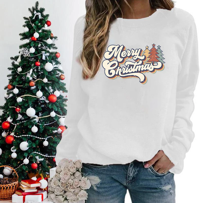 Vintage Merry Christmas Print Sweatshirts Winter Long Sleeves Round Neck Casual Pullovers Women Christmas Sweatshirt