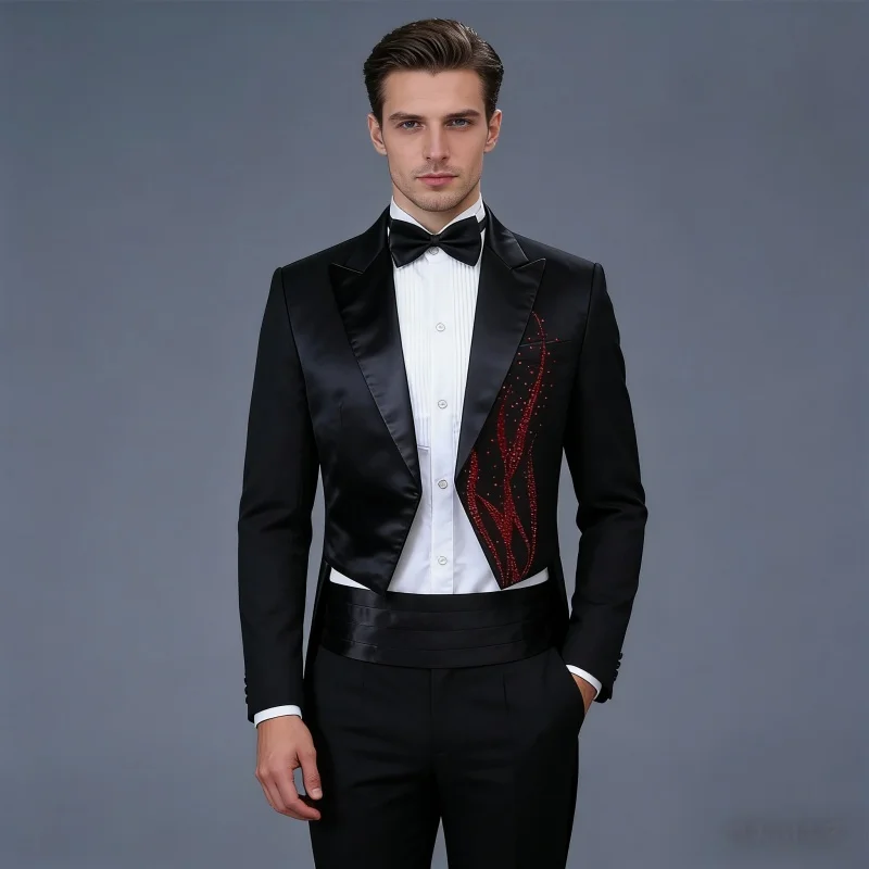 

Men's Swallowtail Suit with White Stones Tailcoat for Bar Singer Stage Performance Magician Prom Host Wedding Chorus Outfit