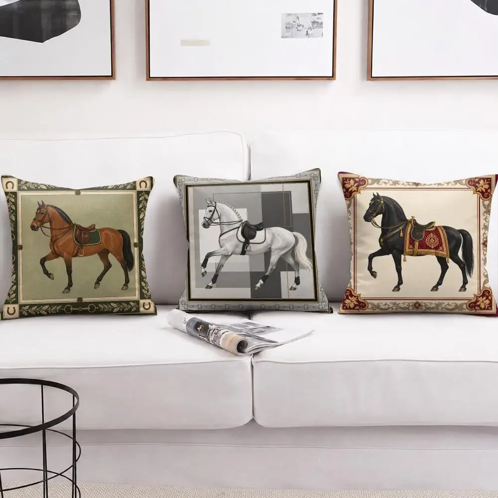 Horse Equestrian Art Print Cushion Cover Soft Short Plush Pillow Cases Hidden Zipper Cutecore Sofa Bedroom Home Decor Gift
