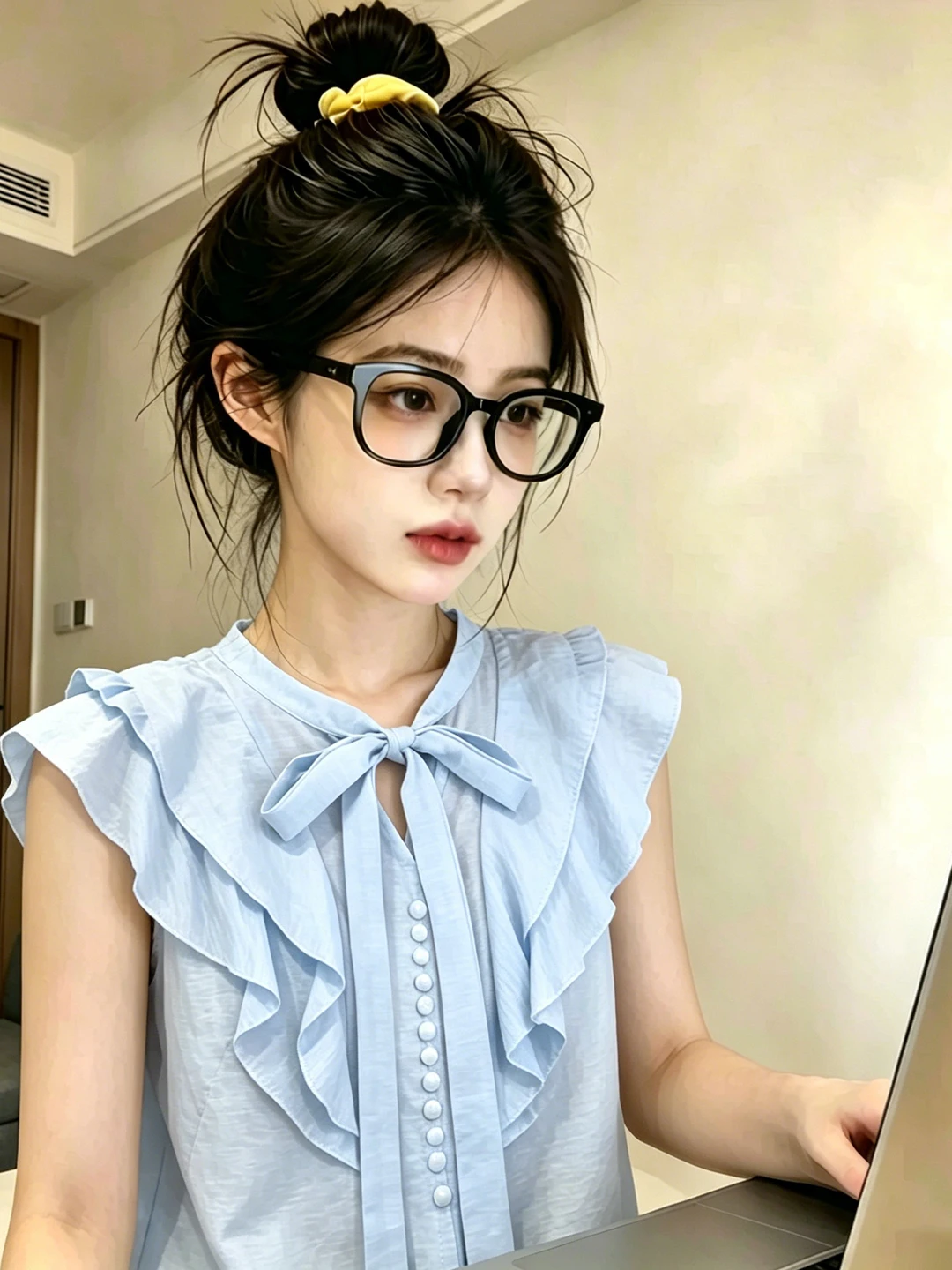 

Sweet Style Knot Lace Trim Shirt Women's Summer 2026 New Bead Small Flying Sleeve Top Korean Version Commute Style