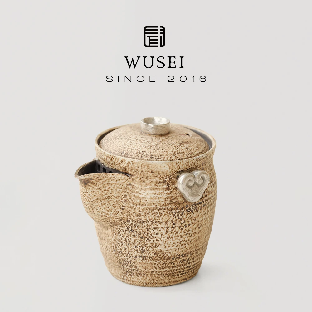 Wusei Retro Stone Texture Clay Tea Pot Silver Plated Bodhisattva Vase Tea Brewing Set Handmade Texture Non-Heatable Ceramic