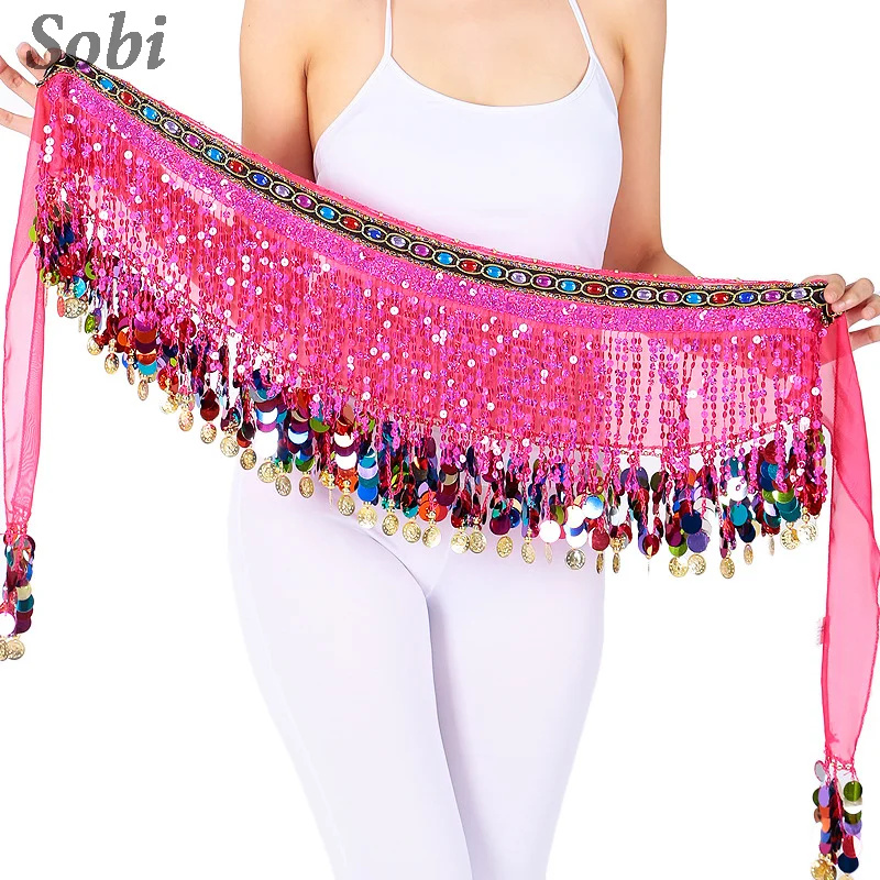 Sequins Tribal Belly Dance Hip Scarf Adult Women Glitter Tassel Hip Waist Skirt Oriental Dance Fringe Hip Belt with Rhinestones