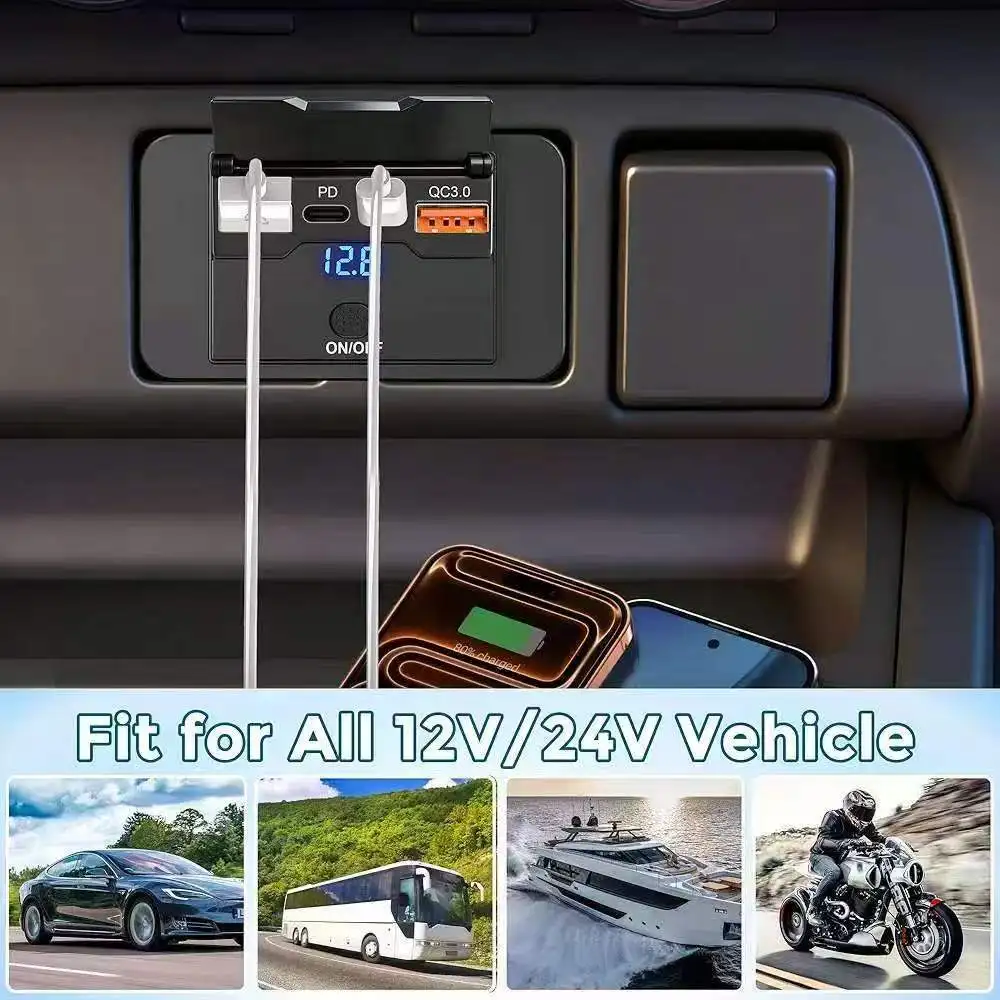 Car Charger Socket Adapter with Switch 2/4 Ports 12V 24V PD QC3.0 Charging Splitter Outlet for Bus RV ATV Truck Boat