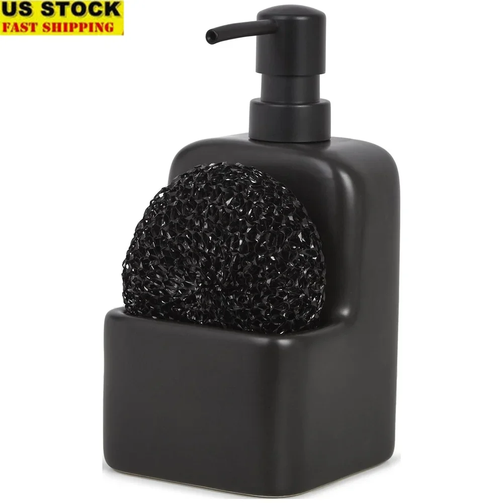 مضخة صابون سائل من السيراميك مع علبة مدمجة ومنظم حمام المطبخ مقاوم للصدأ وسهل التنظيف وموزع 2 في 1