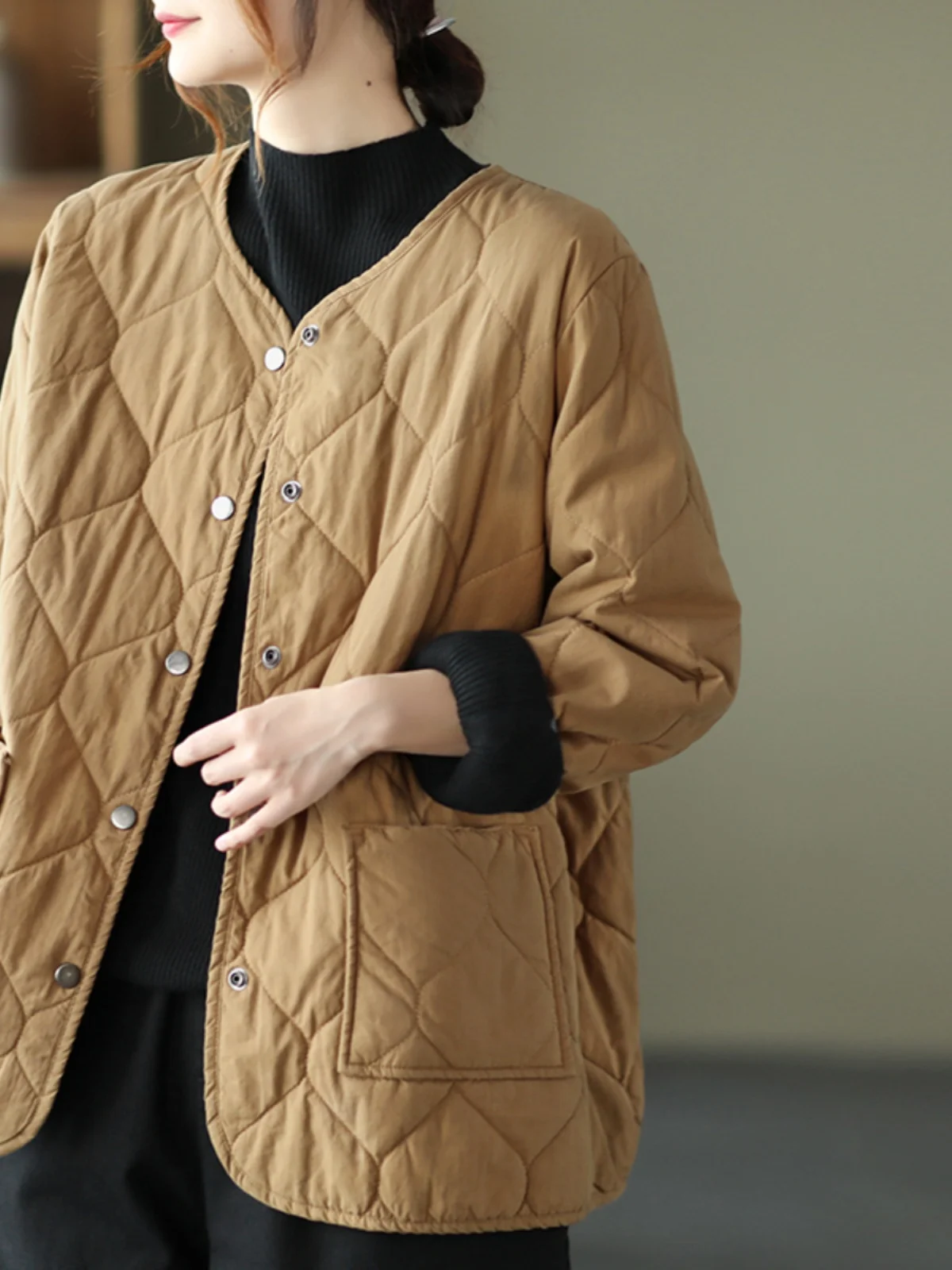 Loose Diamond Pattern Cotton Jacket Women's Autumn New Style Artistic Casual Versatile Cotton Coat Outerwear Korean Version