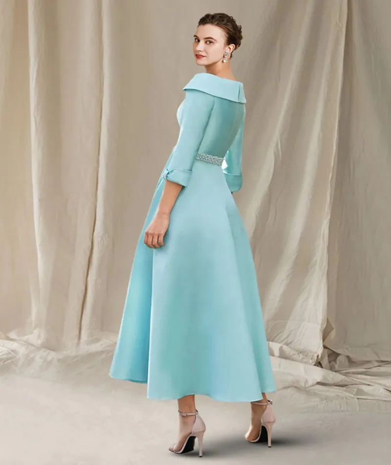 Elegant Mint สีเขียว A-Line แม่ของชุดเดรสเจ้าสาวโบว์ Bateau คอข้อเท้าซาตินปาร์ตี้ชุด Robe De soiree