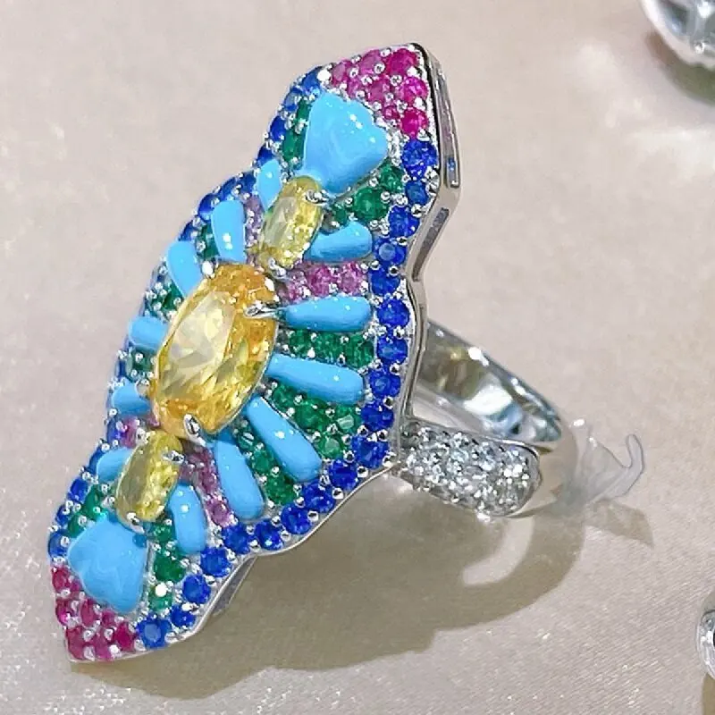 

KQDANCE Кольцо из стерлингового серебра 925 пробы с цветком, кубическим цирконием и турмалином, роскошное ювелирное украшение для вечеринок