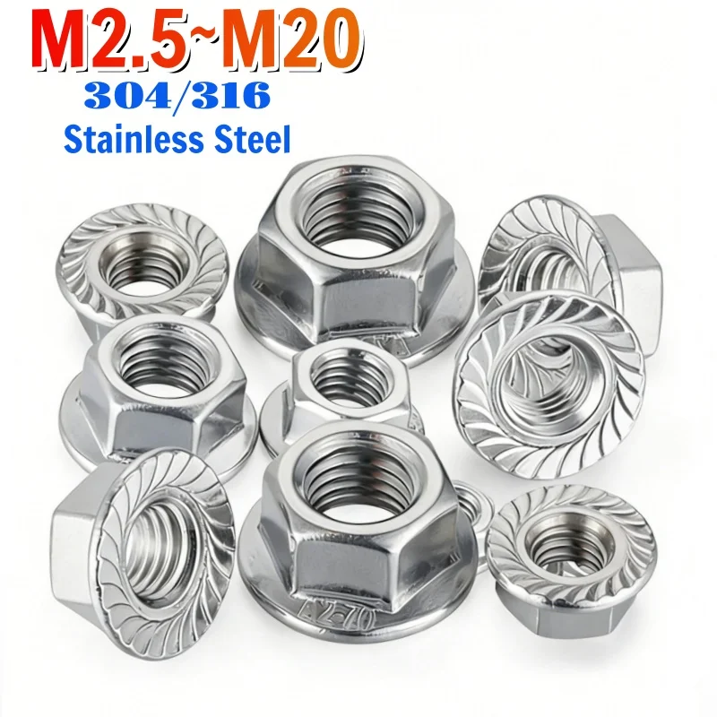 304/316 Stainless Steel Hexagon Flange Nut Pinking Slip Locking Lock Nut M2.5 M3 M4 M5-M20 Serrated Spinlock Flange Nut DIN6923