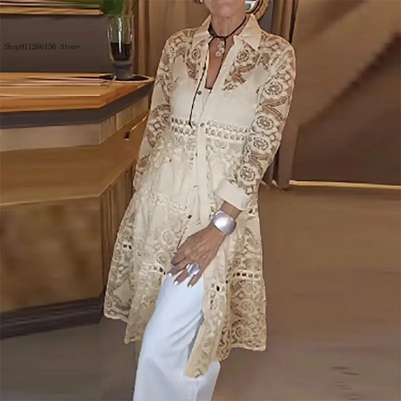Elegant Lapel Button Long Spring Full Sleeve Hollow Out Female Shirts Sexy Lace Embroidery Hook Flower Crochet Blouses Woman