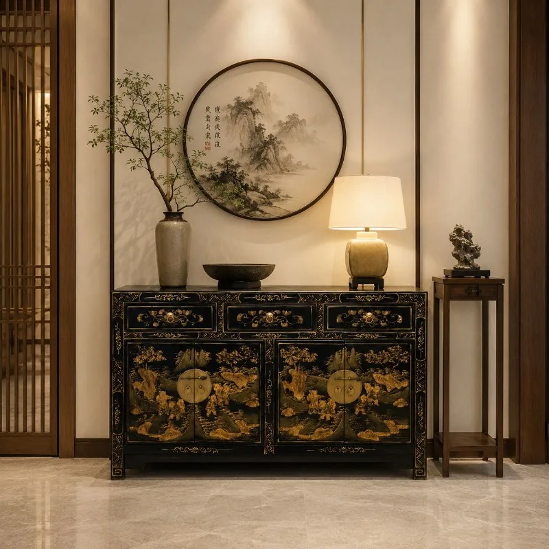 Chinese solid wood dining side cabinet, black gold-painted antique foyer, entrance cabinet storage, hand-painted end-view