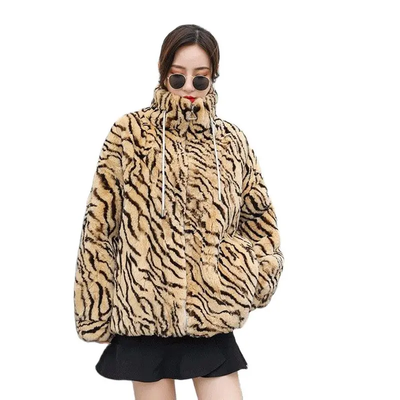 

Off-season Fashion Rex Rabbit Fur Coat Female Short Stand-up Collar And Rotator Cuff Warm Fur One Hooded Loose Casual Thick Coat