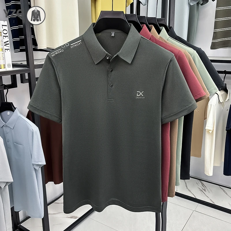 Mens three button lapel polo top seamless cool fabric shoulder letter printing breathable anti wrinkle office walking wear
