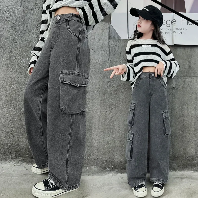 

New 2025 Girls Vintage Big Pocket Jeans Long Trousers Kids Loose Wide Leg Denim Cargo Pants Teen Spring Autumn Casual Clothing