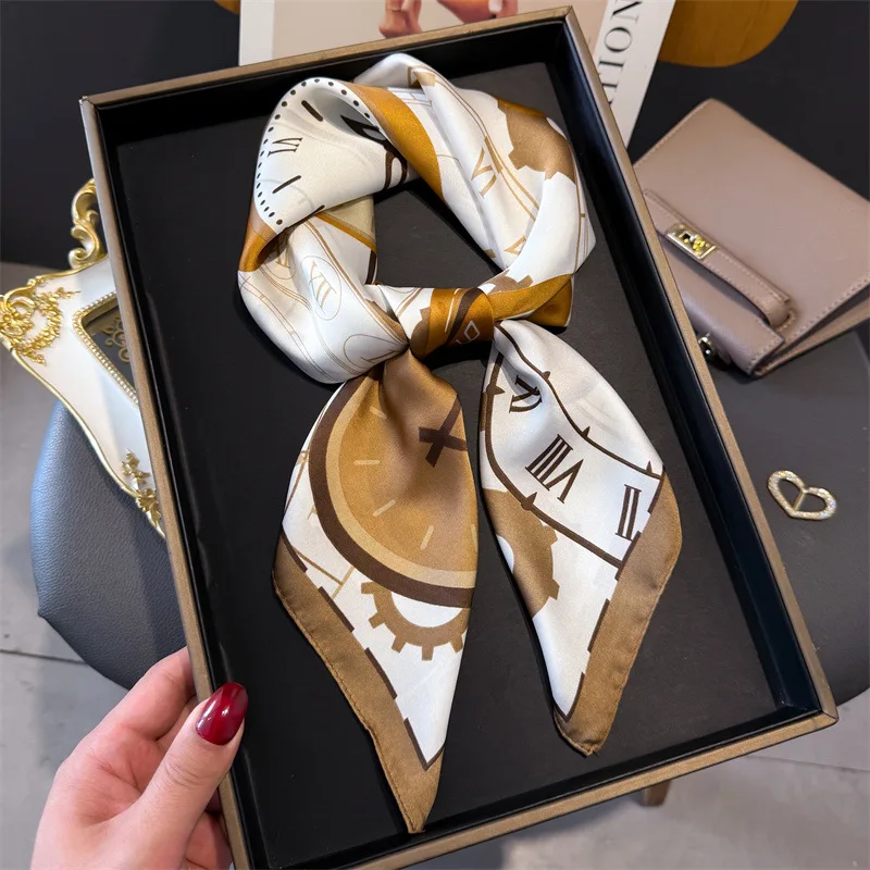 

New Clock Pattern Luxury Square Scarves Women's Satin Scarf Bandana Neckerchief Neckties Hairbands Bags Foulard Shawl