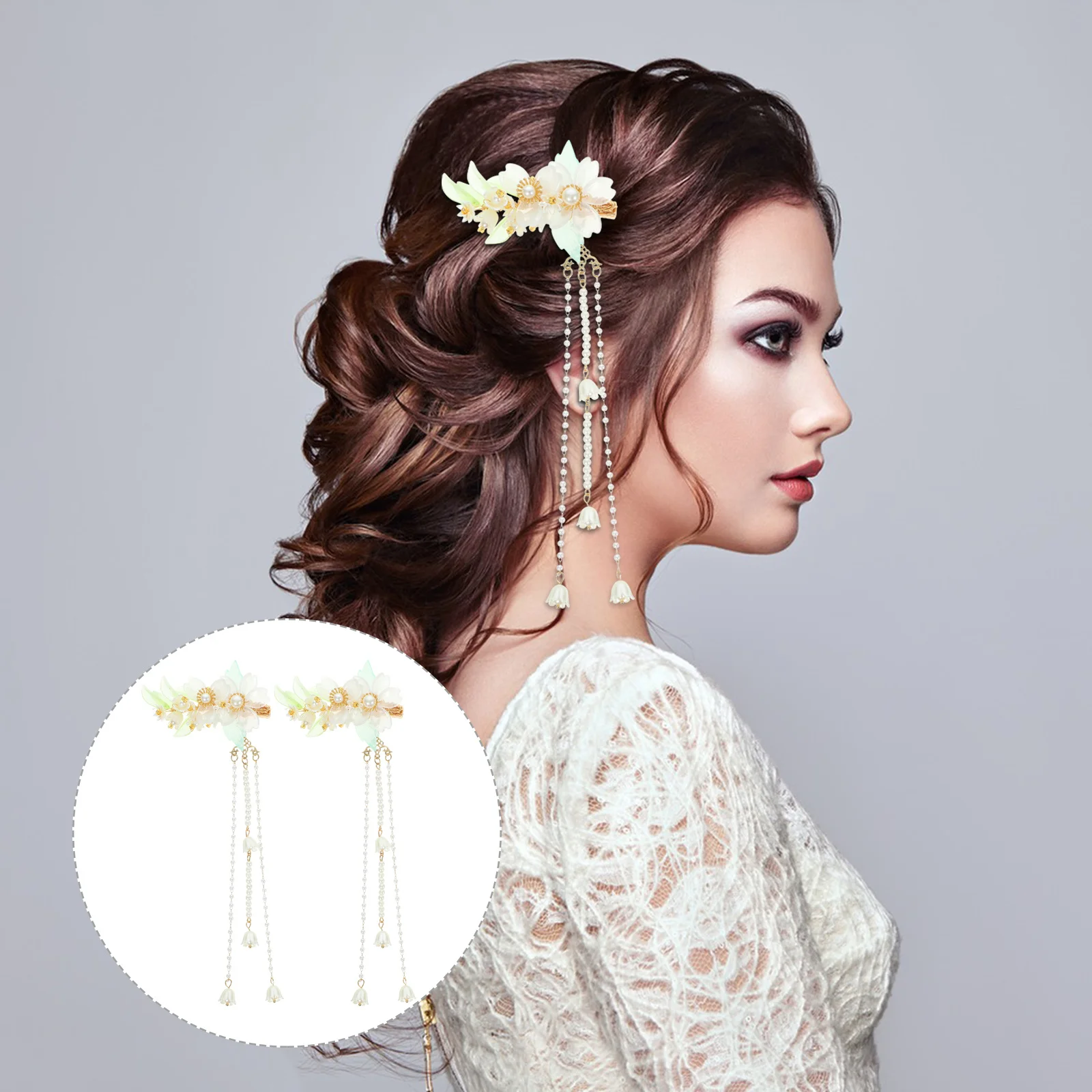 

2Pcs Decorative Hair Clips Floral Tassel Design Chinese Inspired Hairpins for Women Girls Stylish Hanfu Hair Accessories