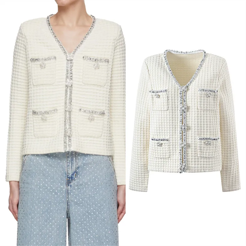 

Высококачественная версия SE Home Ivory White Wfle Silver Bead V-Ne Вязаный открытый кардиган Jaet Premium Feel European Sle