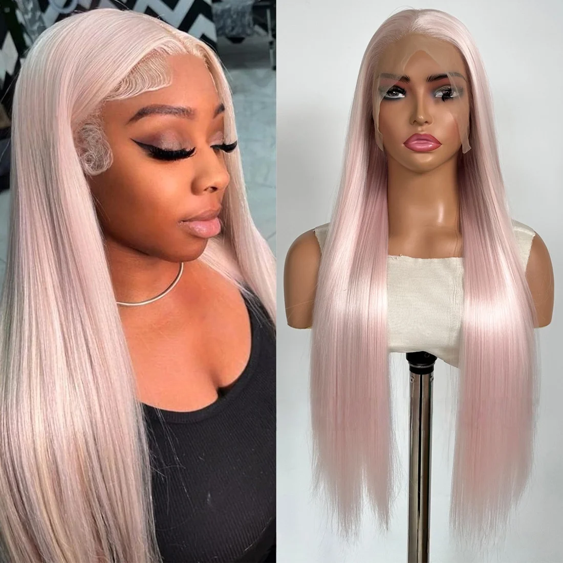 여성용 연분홍색 가발 13x4 레이스 프론트 가발 26인치 롱 스트레이트 가발 코스프레 로리타용 고온 섬유 합성 가발