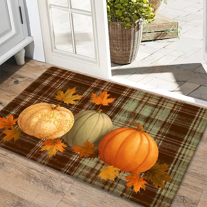 Fall White Pumpkin Doormat Blue Gingham Golden Leaves Autumn Print Entrance Rug Seasonal Home Carpet for Entryway Porch