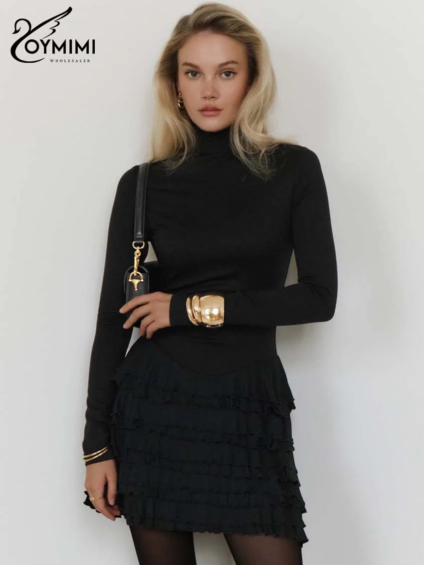 

Oymimi Casual Black Slim Women's Dress Fashion O-Neck Long Sleeve High Waist Dresses Elegant Cascading Ruffle Mini Dress Female