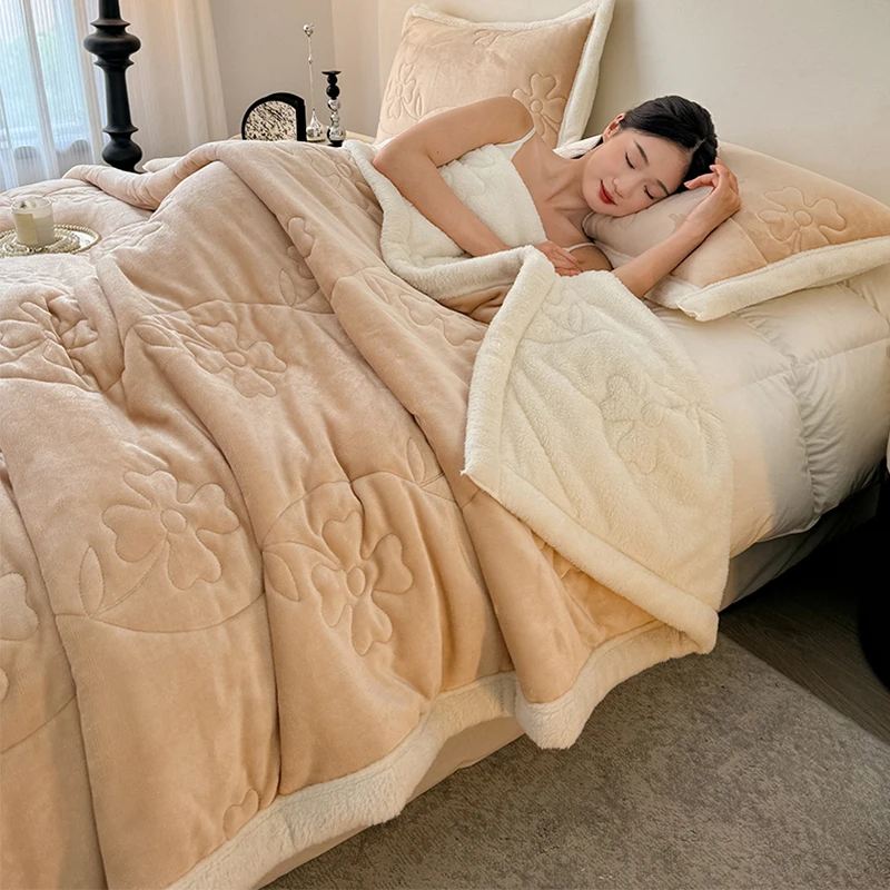 Winter Thick Quilted Fleece Blanket Double Layer Warm Sherpa Plush Comforter Soft Floral Embossed Throw Blanket for Bed Sofa