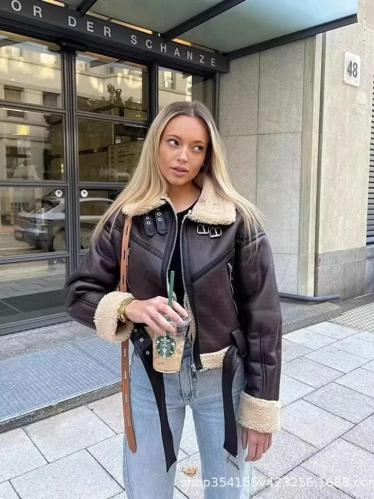 

Biker Jackets Womens Jacket Ladies Leather Colorblock Drawstring Cropped Hooded Leisure Spring Autumn Preppy Youthful All-Match