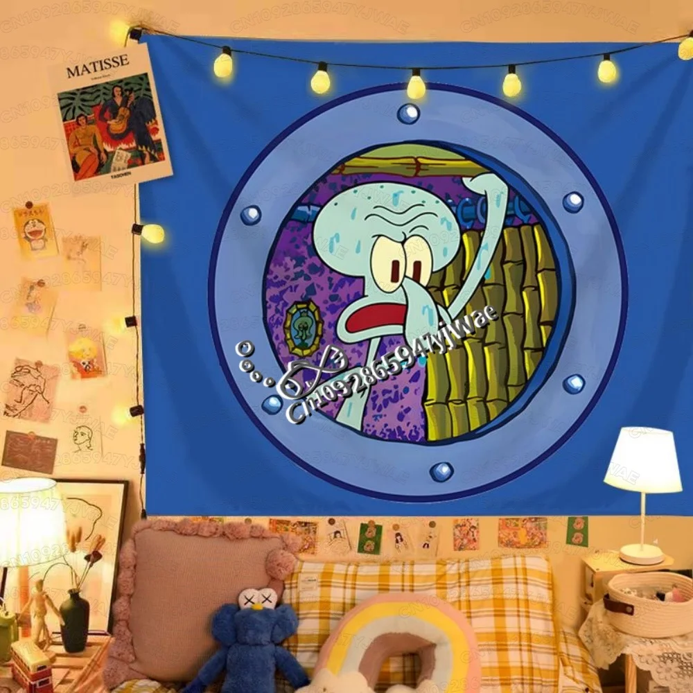 1pc SpongeBob Squidward Cartoon Decoration Background Bedroom Tapestry Room Decor Festival Party Hanging Cloth Tapestry