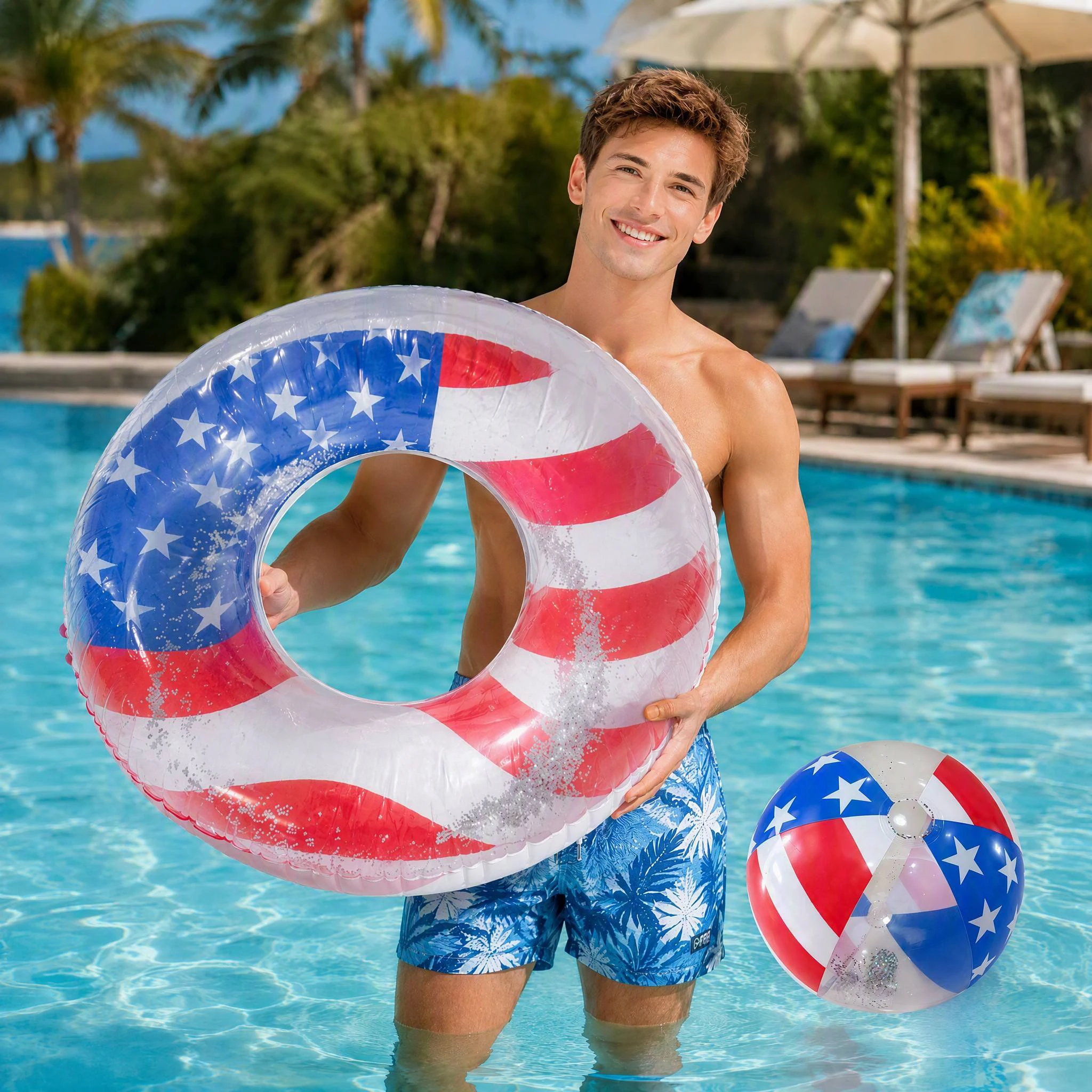 Inflatable Striped Pool Float & Beach Ball - Filled with Sparkle Silver Stars Confetti, Water Swimming Pool Floaties Lounger for