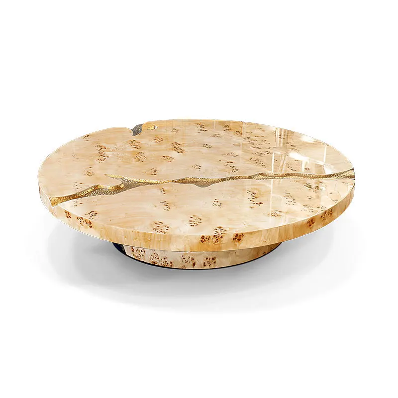 

luxury round solid wood coffee table designer special-shaped crack coffee table living room pomegranate leather tea table