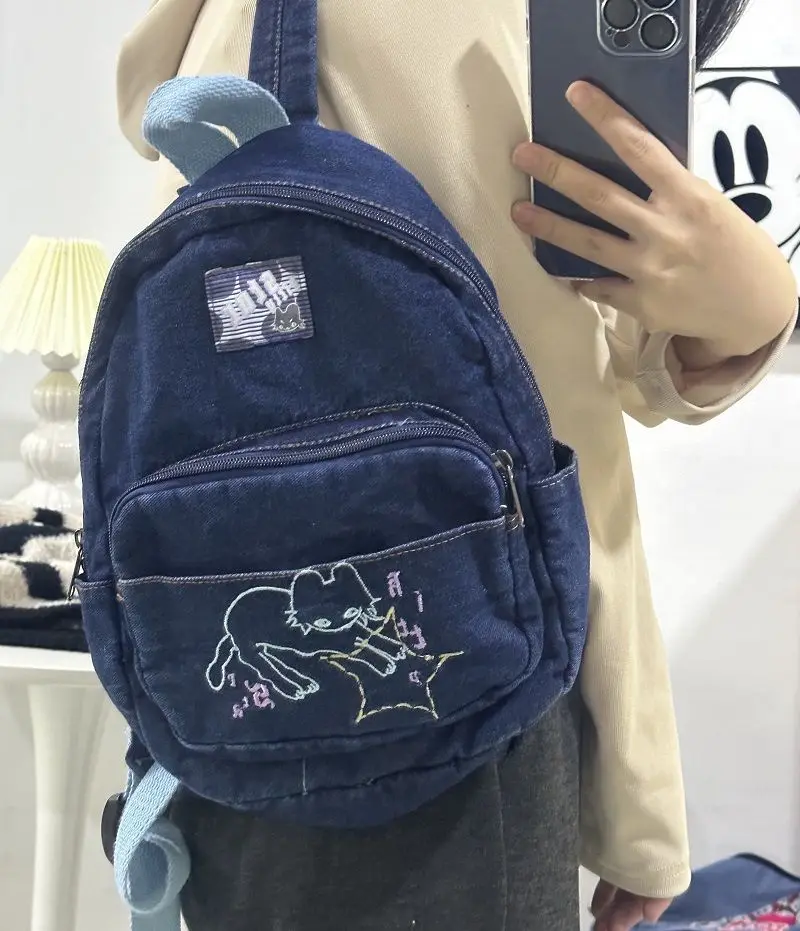 JIAERDI Harajuku Denim Backpacks Women Vintage Cat Embroidery Chic Casual Y2k Backpack Female Retro Mini Cute Mochila Aesthetic