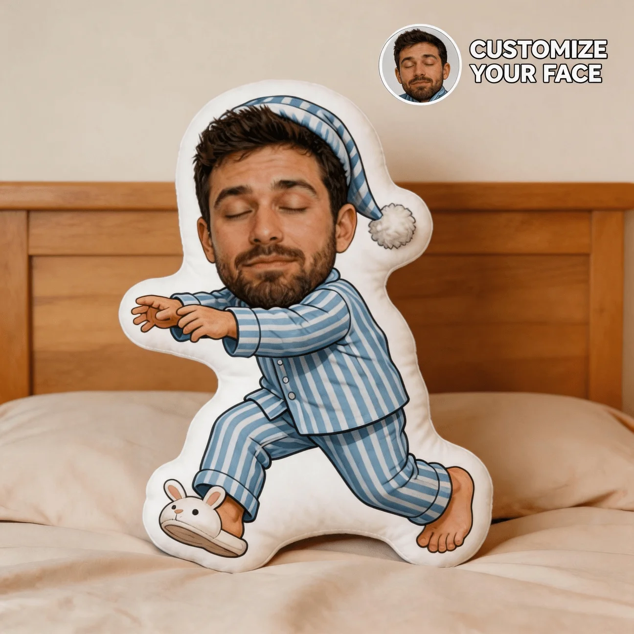 Custom Face Funny Shaped Pillow, Personalized Photo Customization: Sleepy for Man in Blue Striped Pajamas Decorative Cushion wit