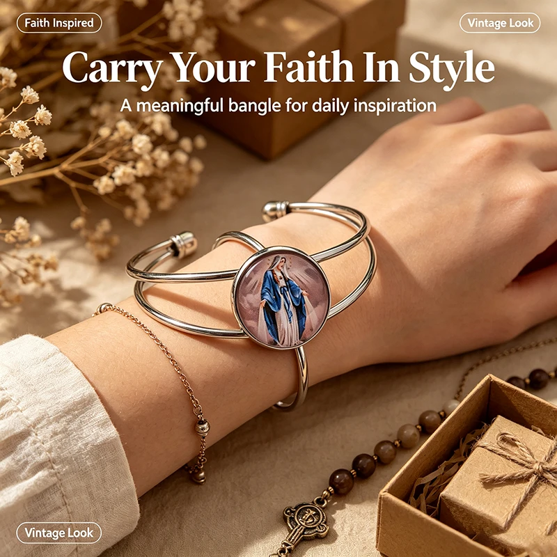 1Pc Our Lady of the Miraculous Medal Adjustable Open Cuff Bangle Catholic Religious Bracelet Christmas Sinulog Souvenir Bless