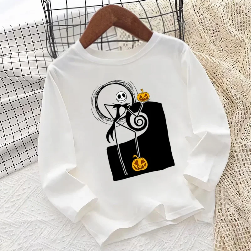 

Забавная детская футболка с принтом Jack Skellington Pumpkin King, осенняя одежда с длинными рукавами для маленьких мальчиков и девочек, белая повседневная детская футболка