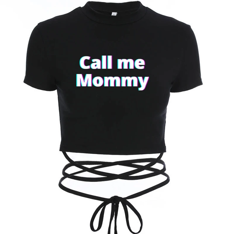 CALL ME MOMY 여성용 섹시한 크롭 붕대 티 탑, 블랙 짧은 패션, 소녀 티셔츠, 캐주얼 반팔, 여성 셔츠, 하라주쿠, 여름