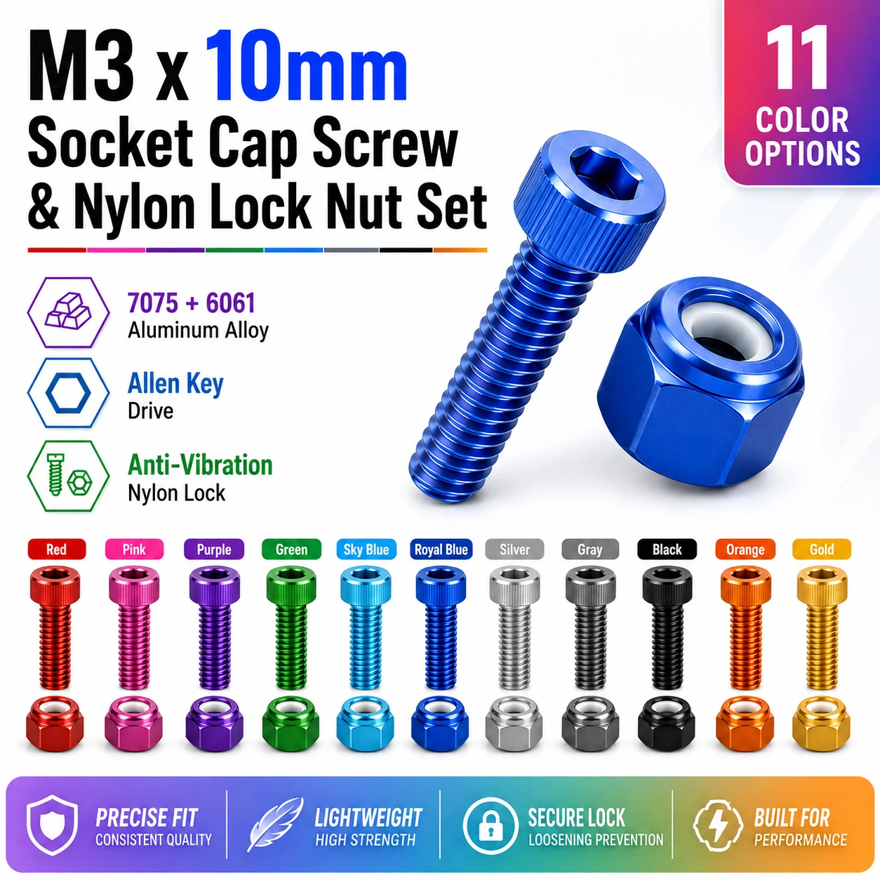 10-20Set M3 x 10mm Socket Cap Screw & Nylon Lock Nut Set, Hex Socket Cap Screws Allen Bolts with Nylock Nuts Anti-Vibration Hard