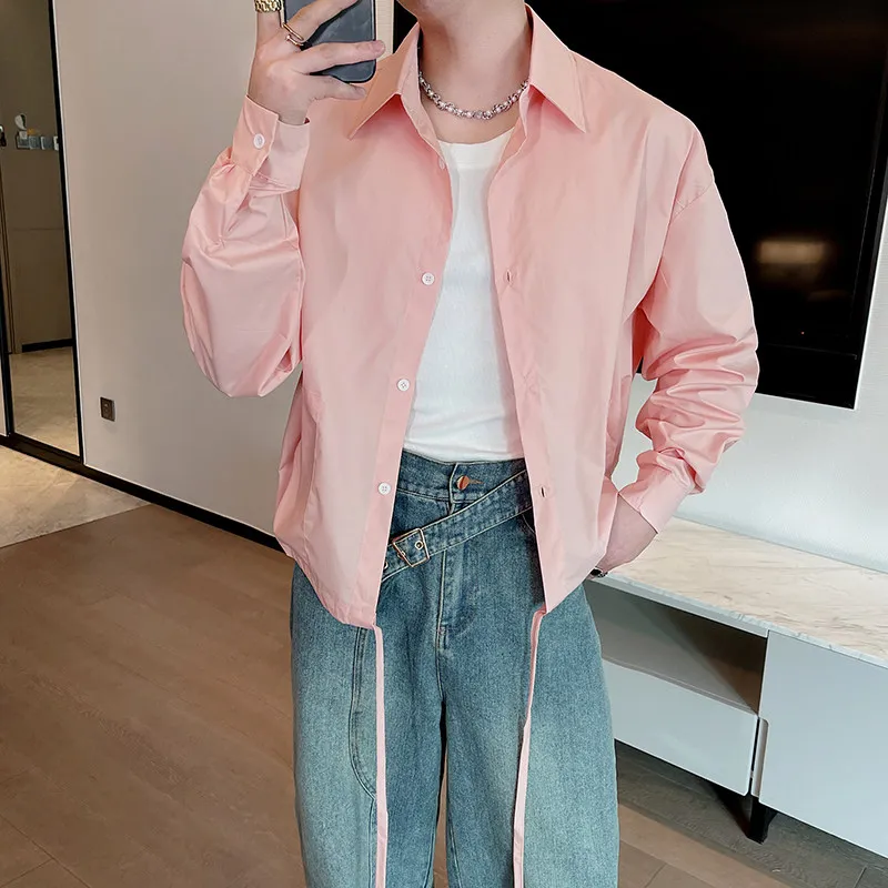 Retro ort Sve Men's irt Pink Long Sve Dstring Hem Casual Sle Premium Feeling Street Sle Top Quali Cotton