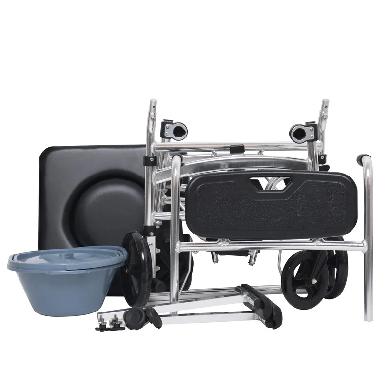Inodoro móvil de aluminio médico para el cuidado del hogar, silla de ruedas con asiento de inodoro para personas mayores y discapacitadas