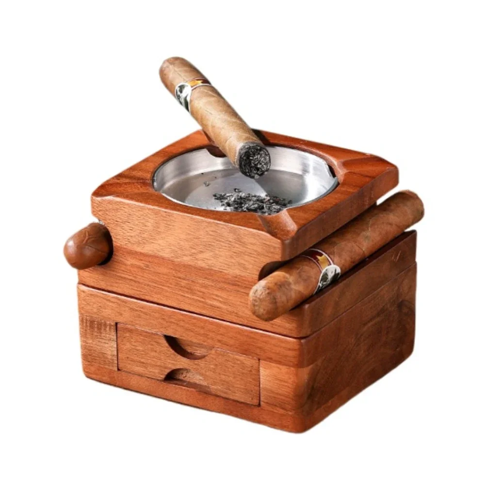 Cigar Ashtray Set Removable Outdoor Wooden Tray with Whiskey Glass Holder Cigar Clippers and Decorative Home Office Accessory