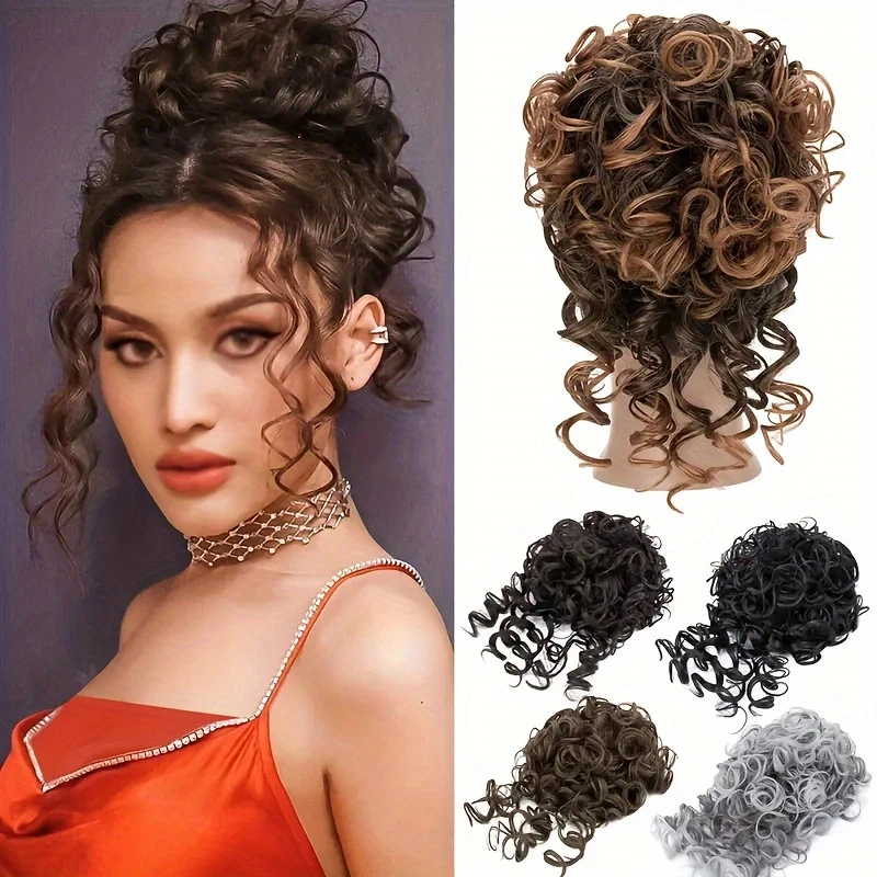 

Synthetic Messy Bun Chignon Extensions Short Wave Curly Elastic Drawstrin Hair Buns Ponytail 8 Inch Puffy Curly False Hairpiece
