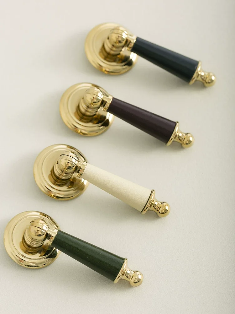 Hand-sewn Leather with Brass Cabinet Handles Bright Gold Pendant Shaped Drawer Knobs Light Luxury Cowhide Wardrobe Pulls 1 PC
